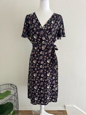 maitai Dark Navy Midi Wrap Dress with Pink and Cream Floral Print